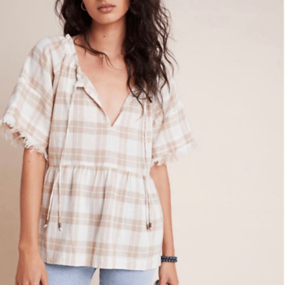 Anthropologie Blouse Plaid Neutral Bette Babydoll Fringe Beige Peplum XS